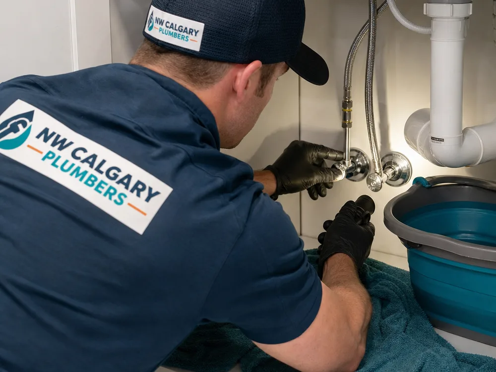 Plumber testing a new shutoff valve and braided supply line under a bathroom sink with protective towel, bucket, and flashlight
