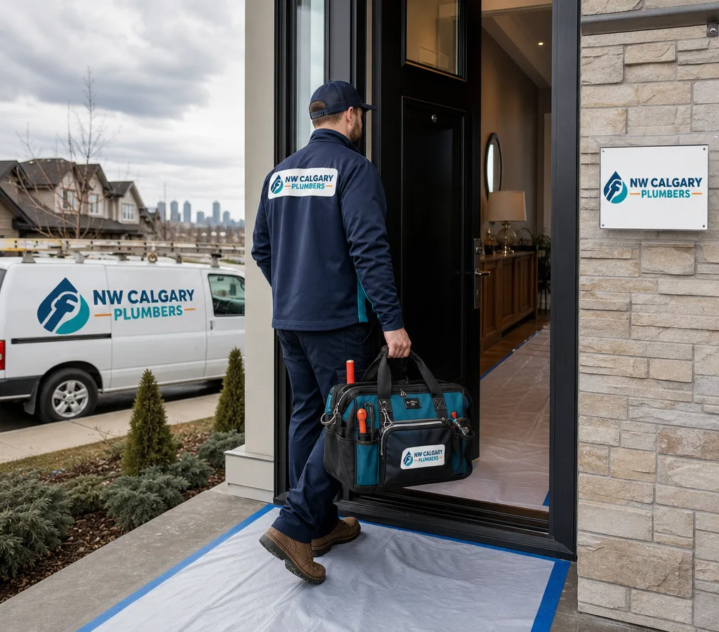 Licensed plumber arriving at a Calgary home with a tool bag and clean protective floor coverings