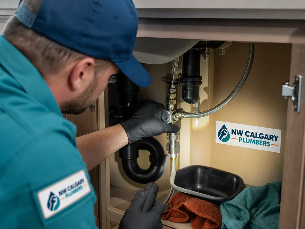 Plumber testing a newly installed shutoff valve and supply line beneath a kitchen sink