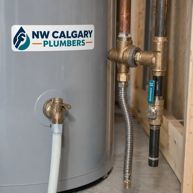 Properly installed TPR valve discharge pipe and gas shutoff and connector beside a new hot water tank