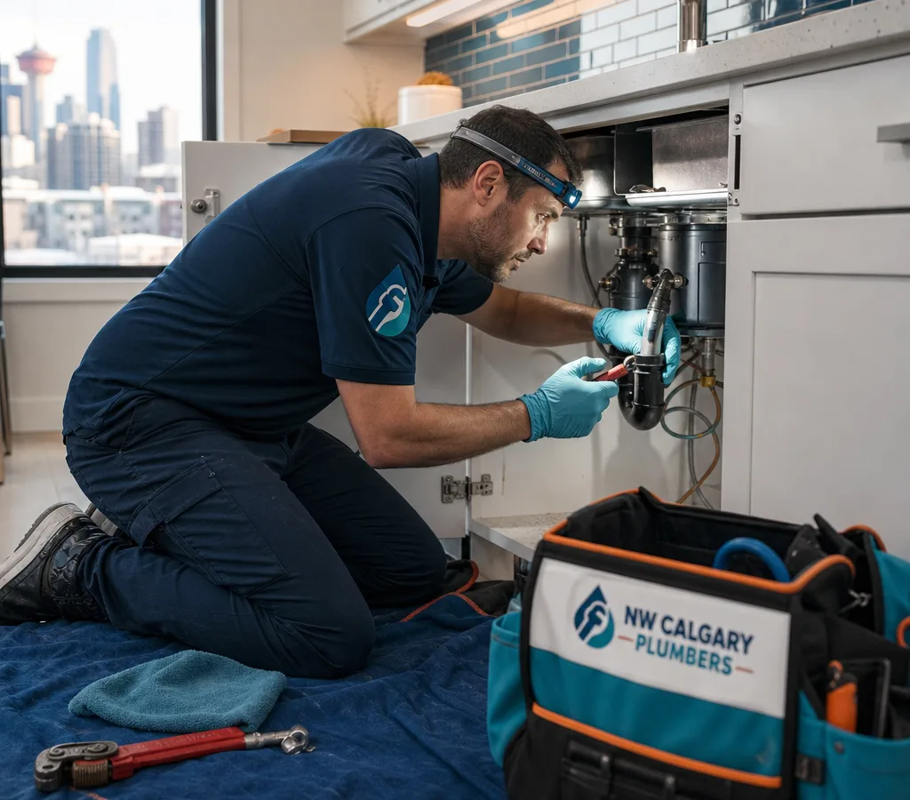 Plumber working beneath a Calgary kitchen sink with hand tools and a drop cloth