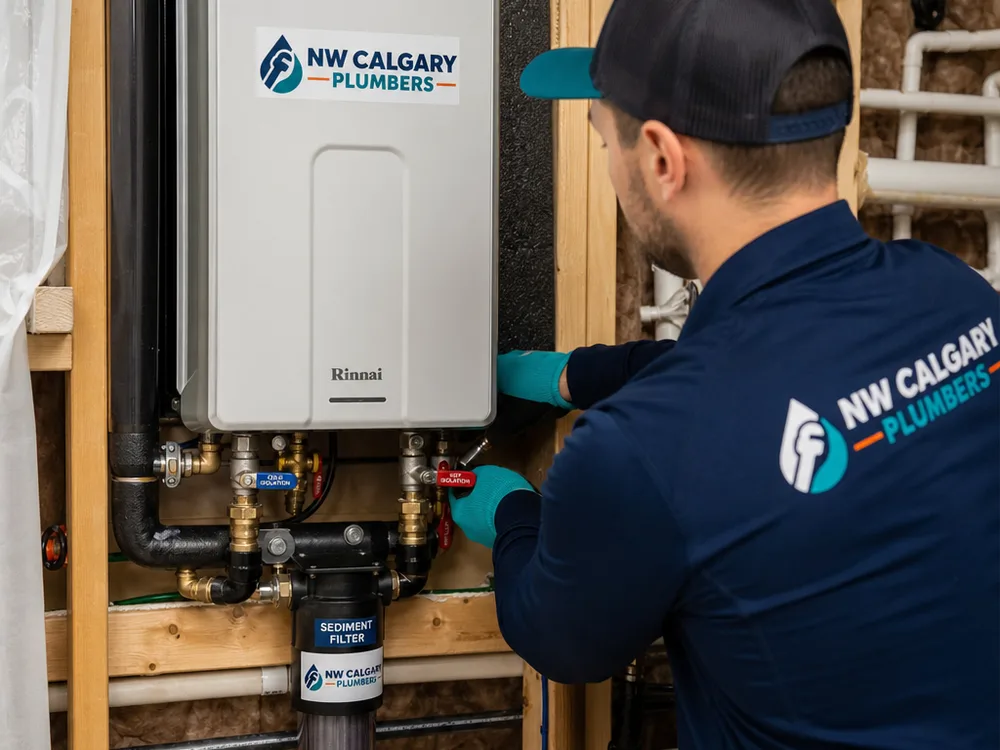 New tankless water heater with labeled isolation valves, filter setup, and neatly supported vent piping in a residential mechanical room