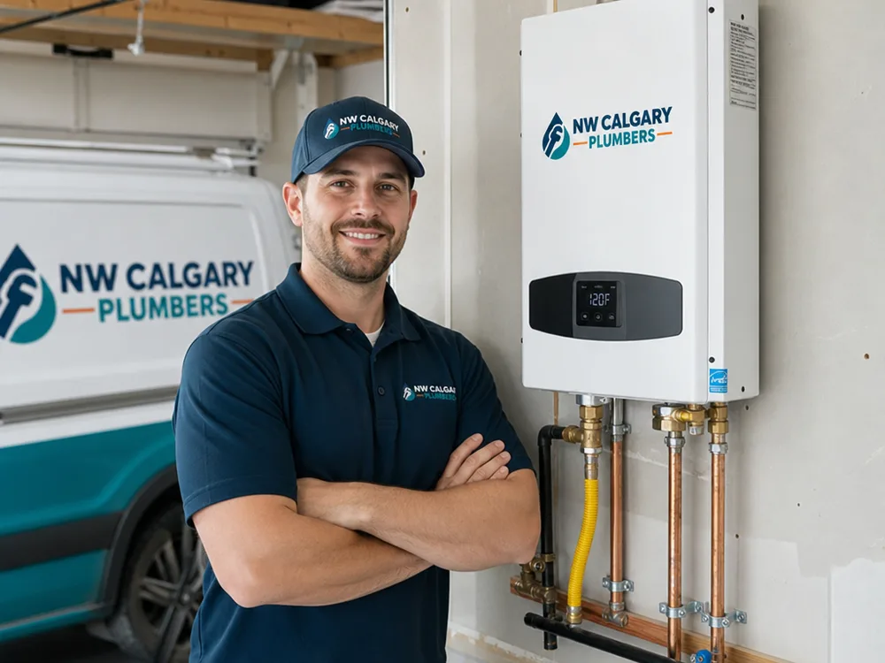 Finished wall-mounted tankless installation with straight supported piping and clear service access