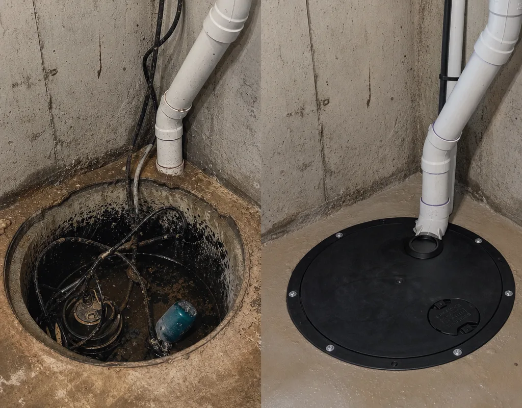 Before and after comparison of a dirty sump pit and a cleaned pit with a sealed lid and neatly routed discharge