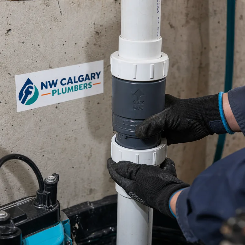 Properly installed check valve and union fitting on a sump pump discharge line