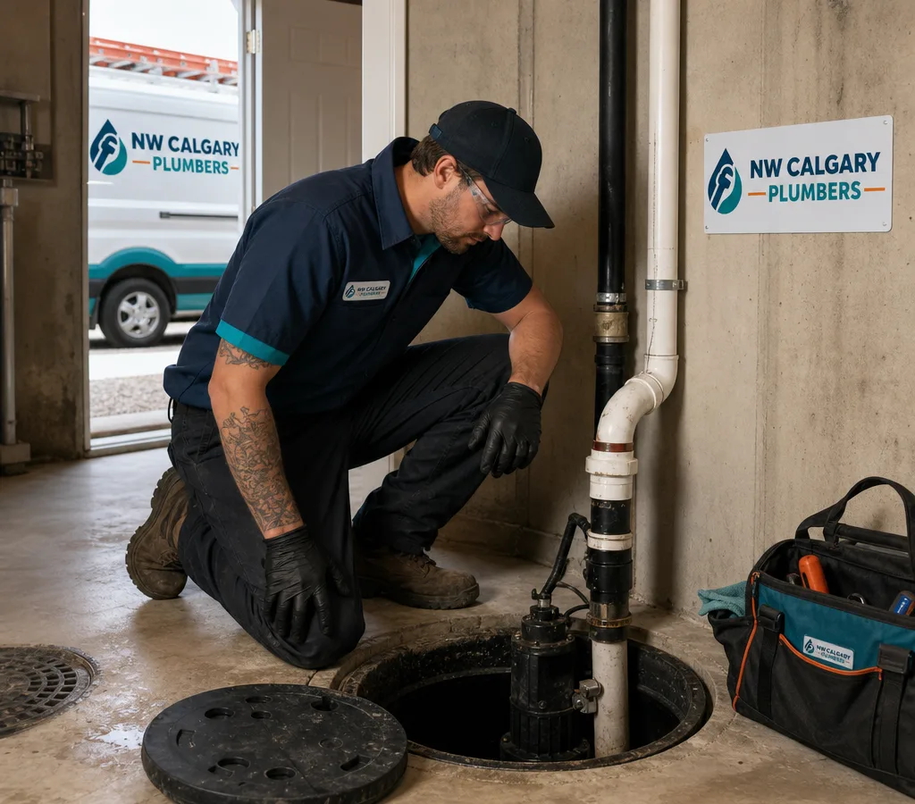 Plumber inspecting an open sump pump pit with the discharge line visible in a Calgary basement