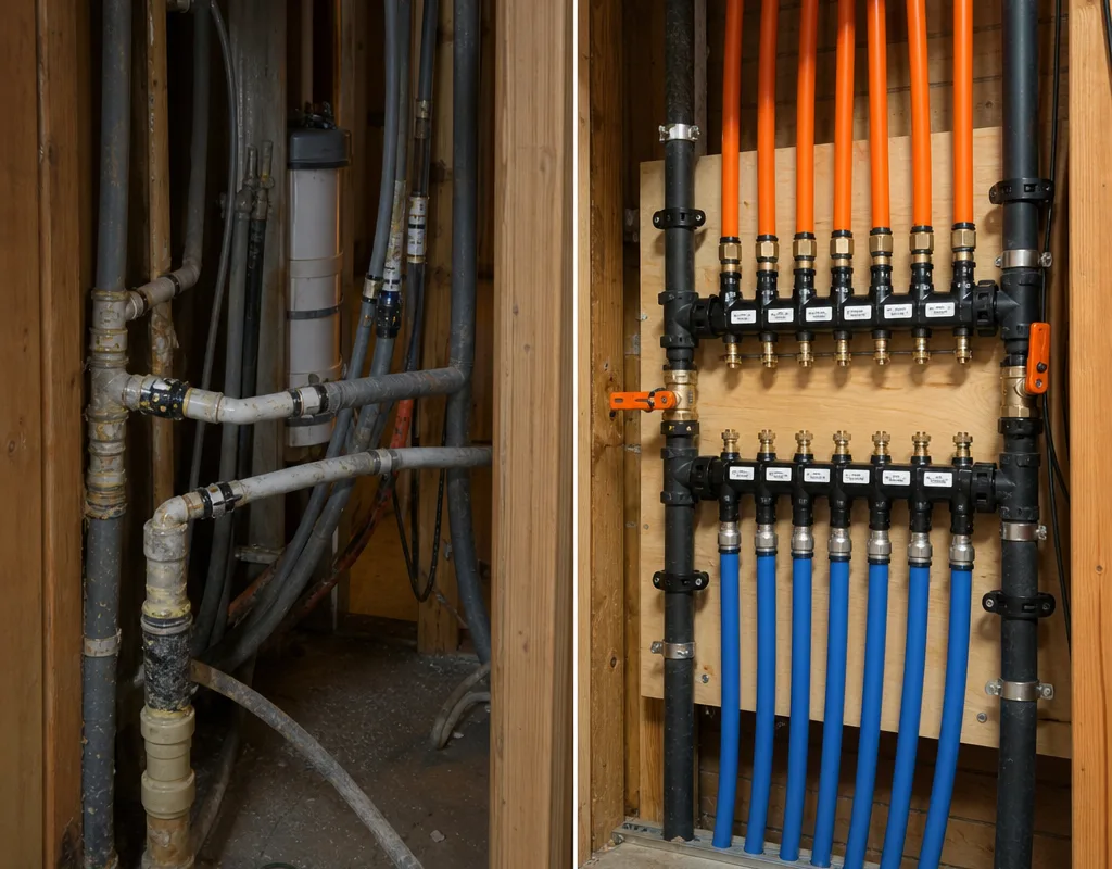 Before and after mechanical room showing grey poly-b replaced by supported PEX and a labeled manifold