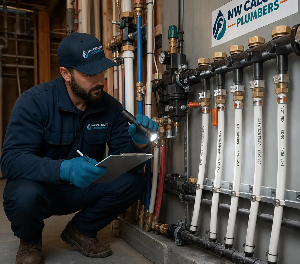 Licensed plumber inspecting exposed poly-b piping at a Calgary home mechanical room manifold