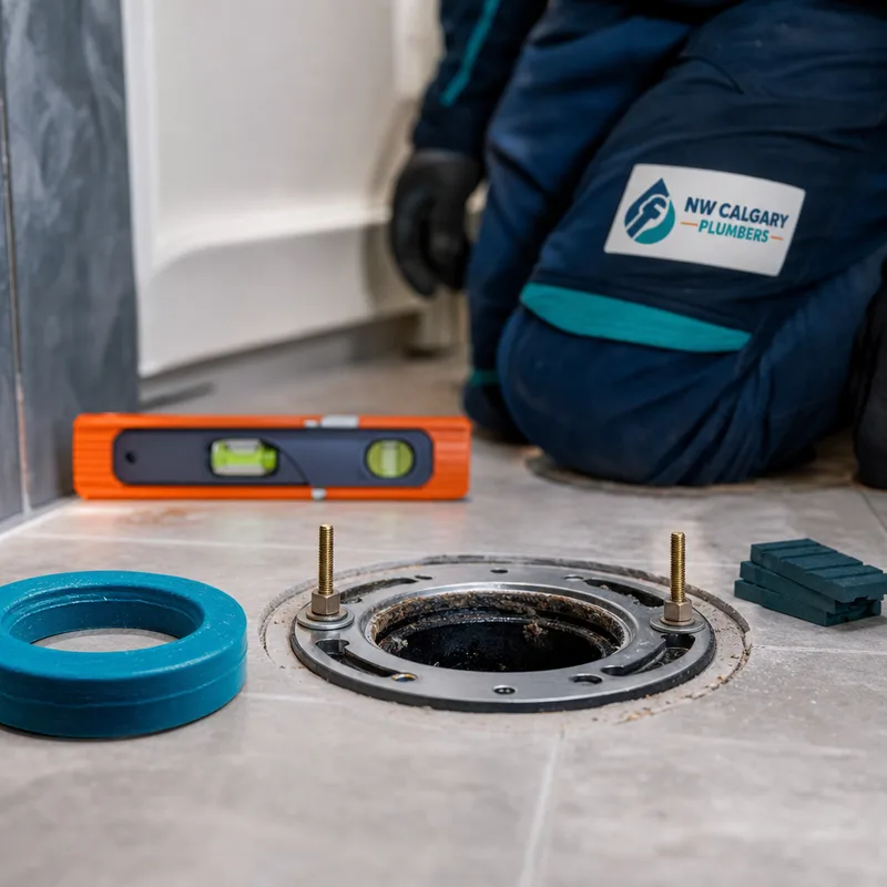 Toilet flange and mounting bolts with a new seal, level, and shims ready for installation