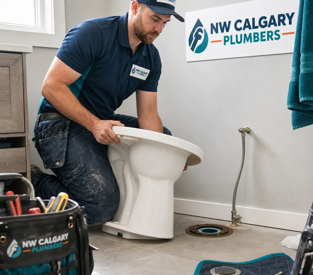 Plumber installing a toilet in a Calgary bathroom with the flange, seal, and supply line prepared