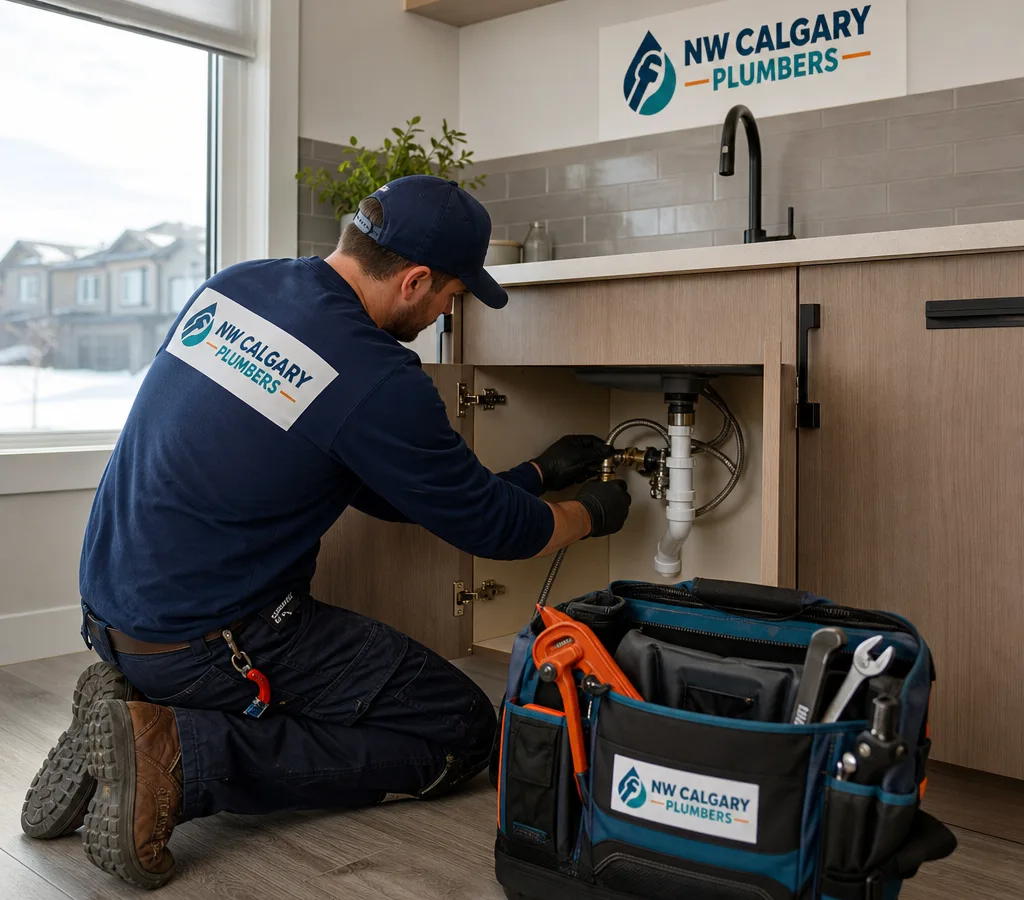 Licensed plumber working on sink shutoffs and supply lines in a modern SW Calgary home