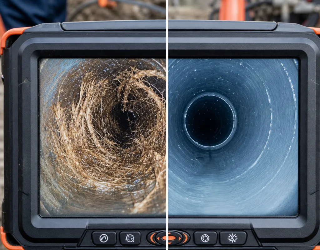 Before and after sewer camera views showing root intrusion and a restored clear pipe