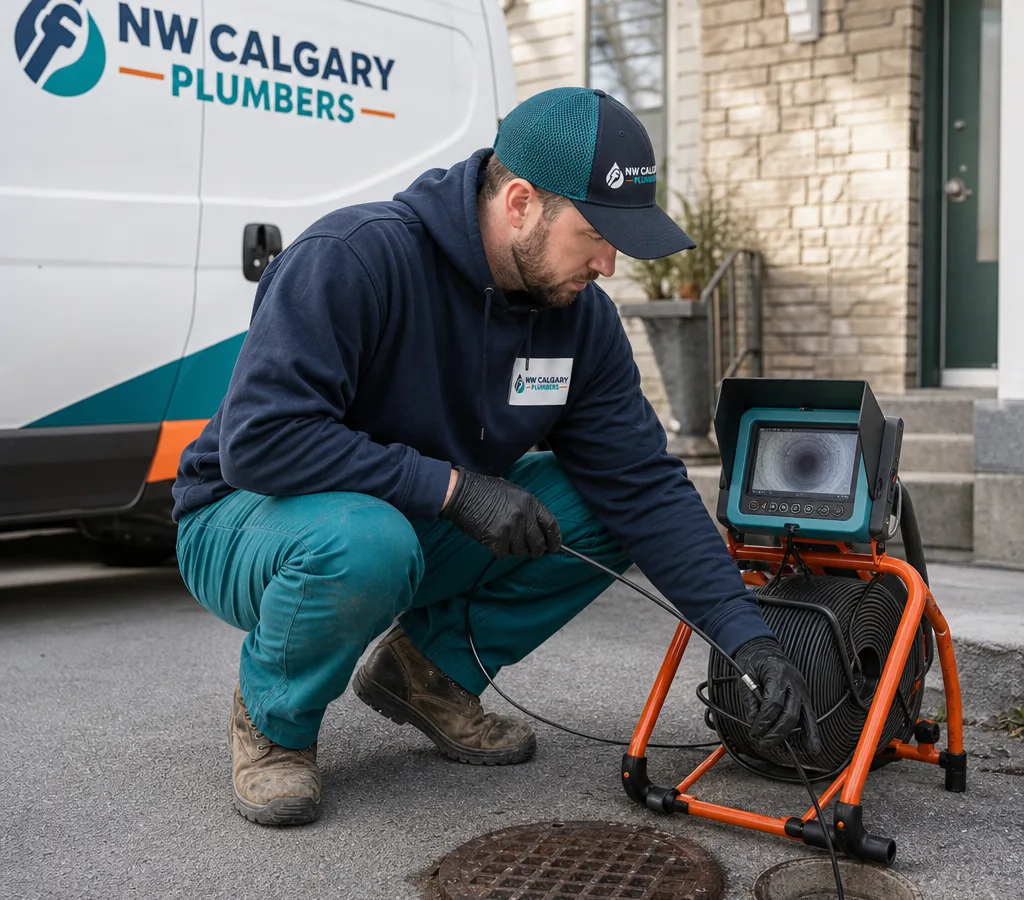 Plumber using a sewer camera at a residential cleanout on a Calgary driveway