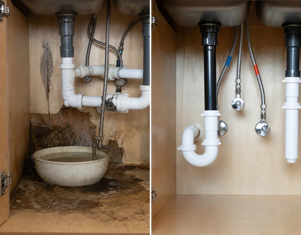 Before and after view of a leaking under-sink cabinet cleaned and repaired with new supply lines and a properly secured trap