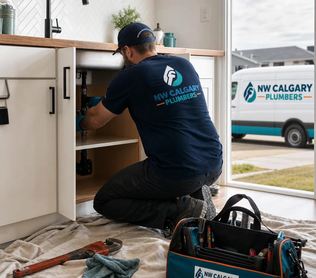 Licensed plumber working beneath a kitchen sink in a Calgary NE home with neatly staged tools and protective drop cloths