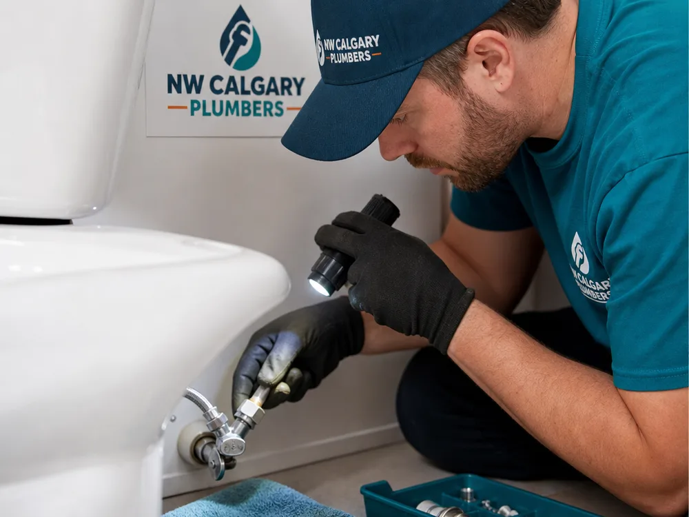Plumber inspecting a toilet shutoff valve and supply line with a flashlight, towel, and small parts tray nearby