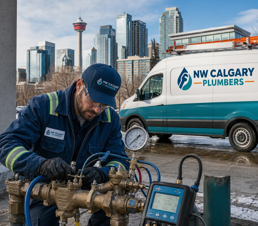 Certified plumber testing a backflow preventer on a commercial water line with a test kit and gauge in Calgary