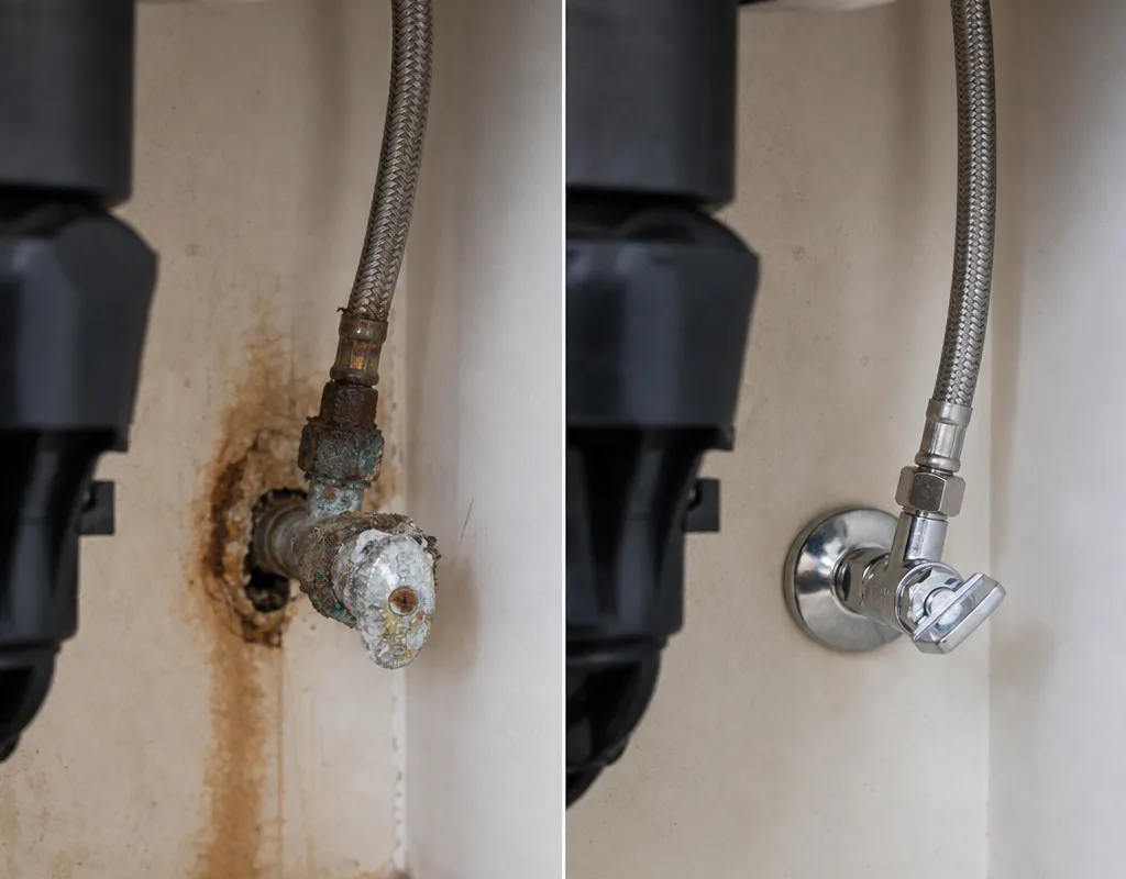Before-and-after view of a corroded under-sink shutoff replaced with a quarter-turn valve and fresh braided supply line