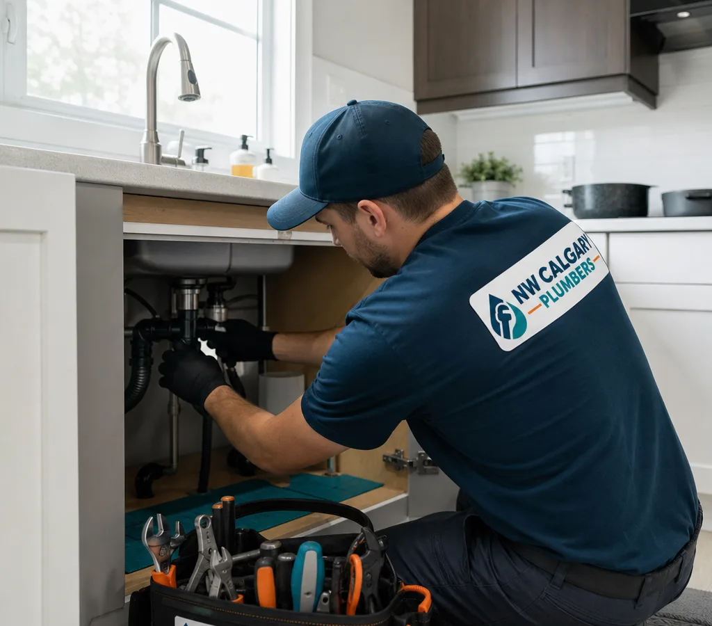Licensed plumber working neatly under a kitchen sink during a Calgary SE home service call