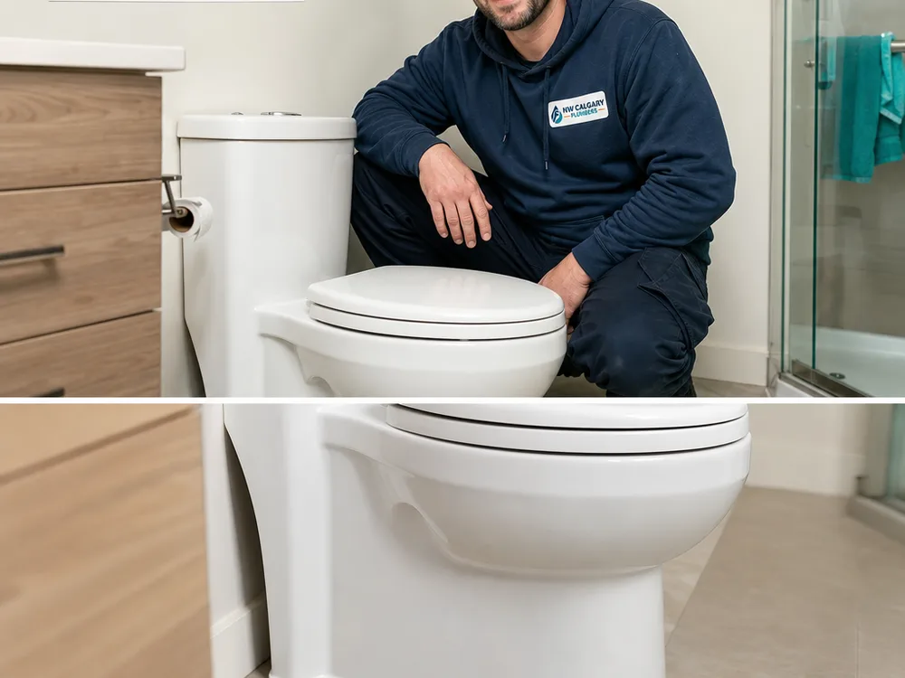Neatly installed toilet with a new wax seal and properly caulked base in a clean bathroom