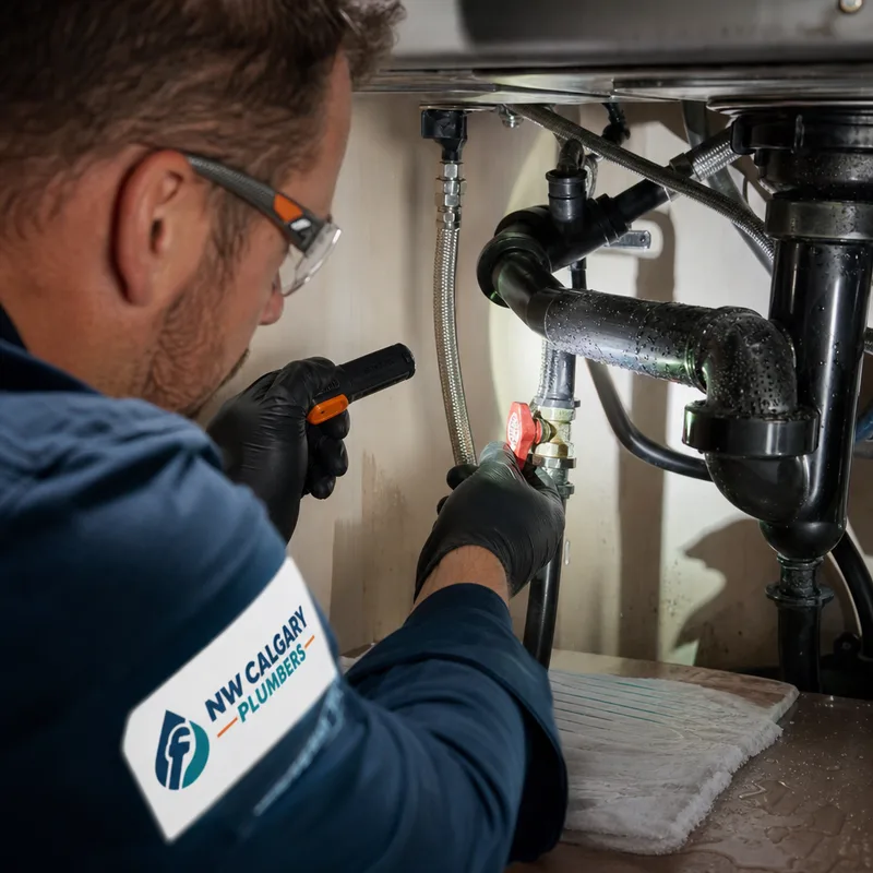 Plumber checking a shutoff valve and inspecting fittings under a kitchen sink with a flashlight