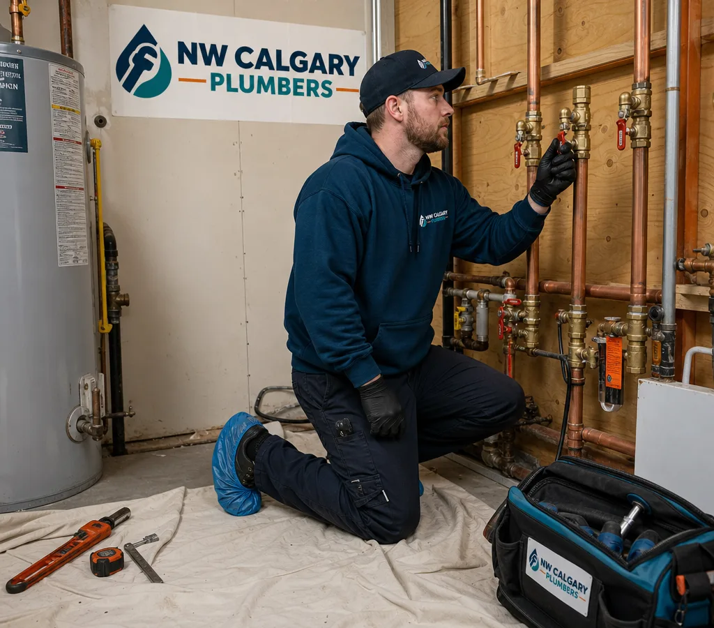 Residential plumber inspecting exposed piping and shutoff valves in a Calgary home mechanical room
