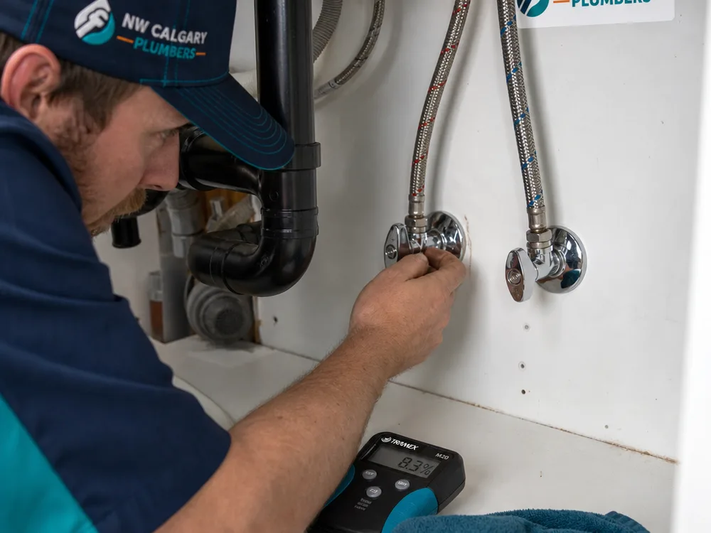 Neatly installed quarter-turn shutoff valves and braided supply lines under a residential sink with leak-checking tools nearby