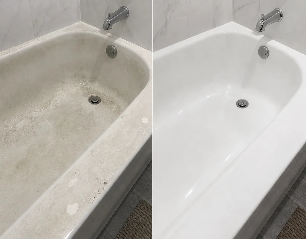 Bathtub before refinishing with a dull stained finish and after refinishing with a uniform glossy surface