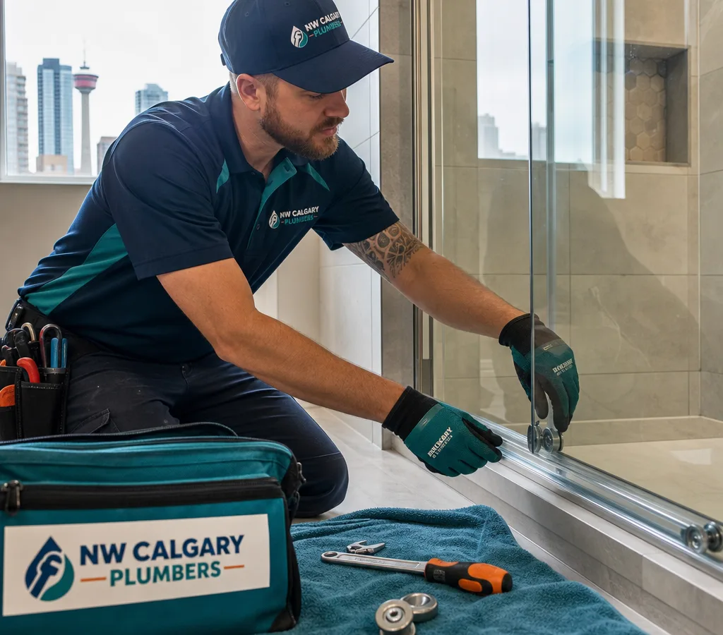 Technician adjusting a framed sliding shower door in a Calgary bathroom with tools arranged on a towel
