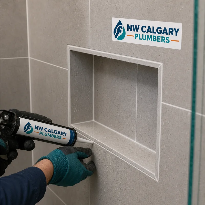 Close-up of a waterproofed and tiled shower niche with a properly sloped shelf and clean silicone joints