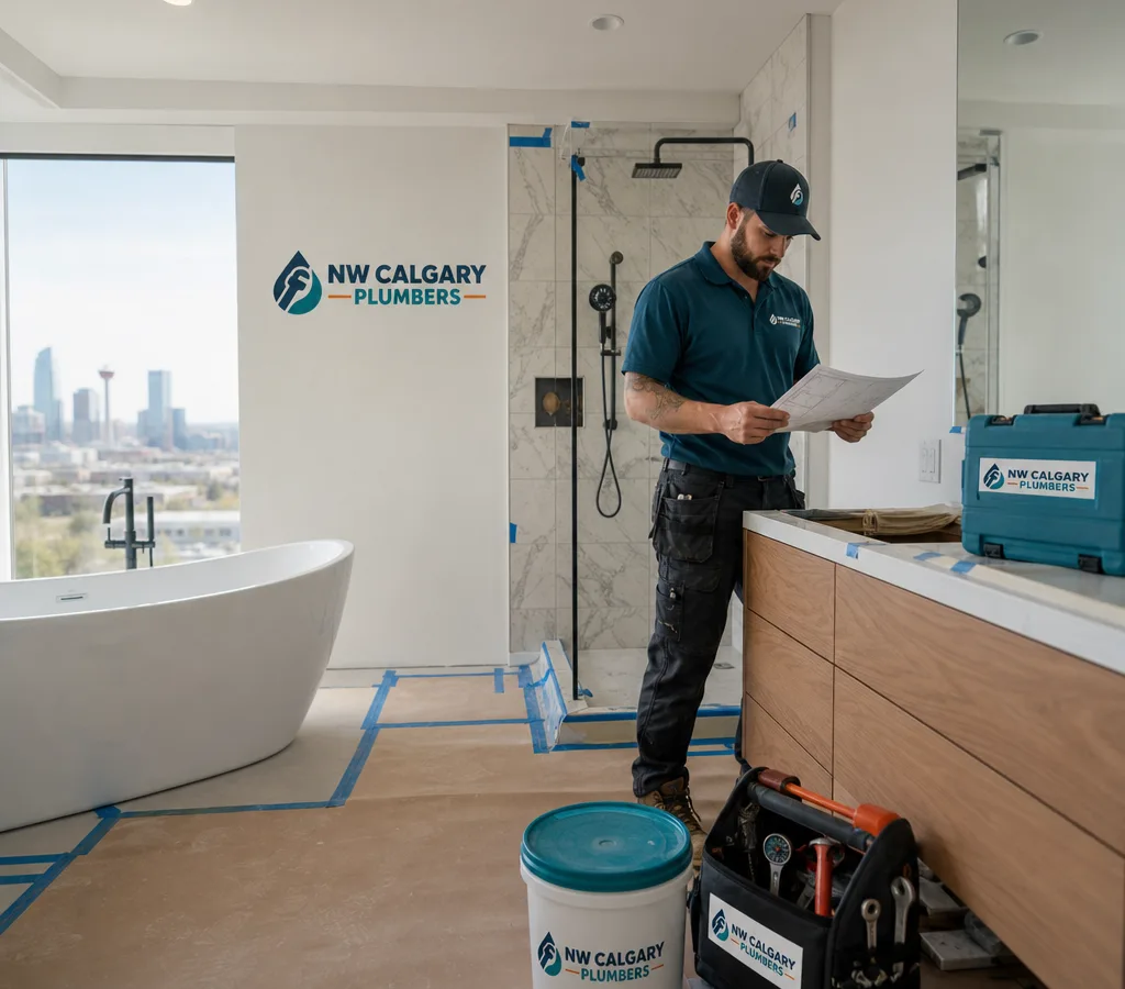 Bright modern Calgary bathroom under renovation with protected floors and a contractor reviewing plans near the vanity and shower