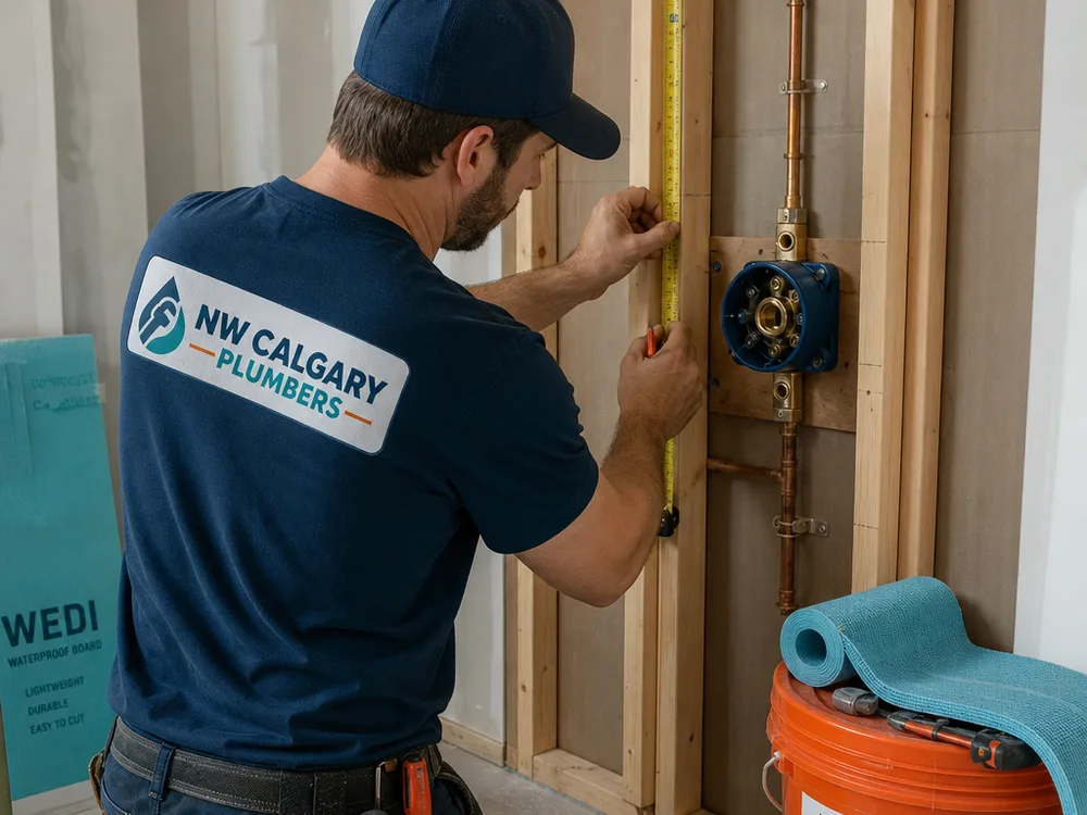 Contractor measuring a bathroom alcove beside a visible shower valve rough-in and neatly staged waterproofing materials