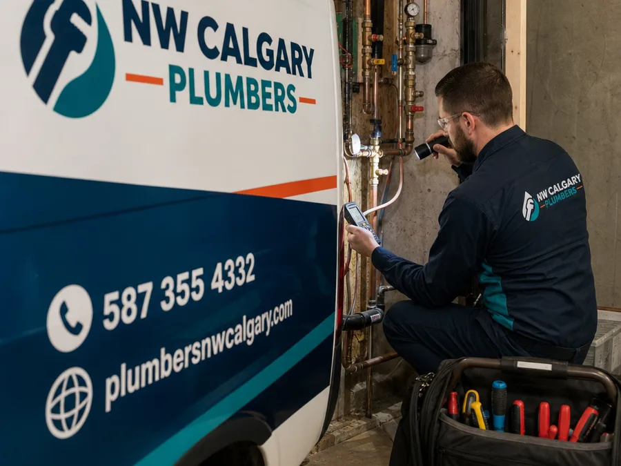 Plumber inspecting exposed water lines and shutoff valves in a Calgary mechanical area