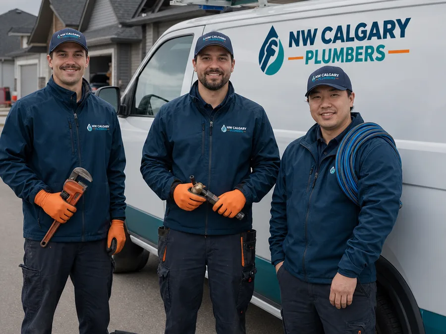 NW Calgary plumbing team in workwear beside a service van with tools and PPE